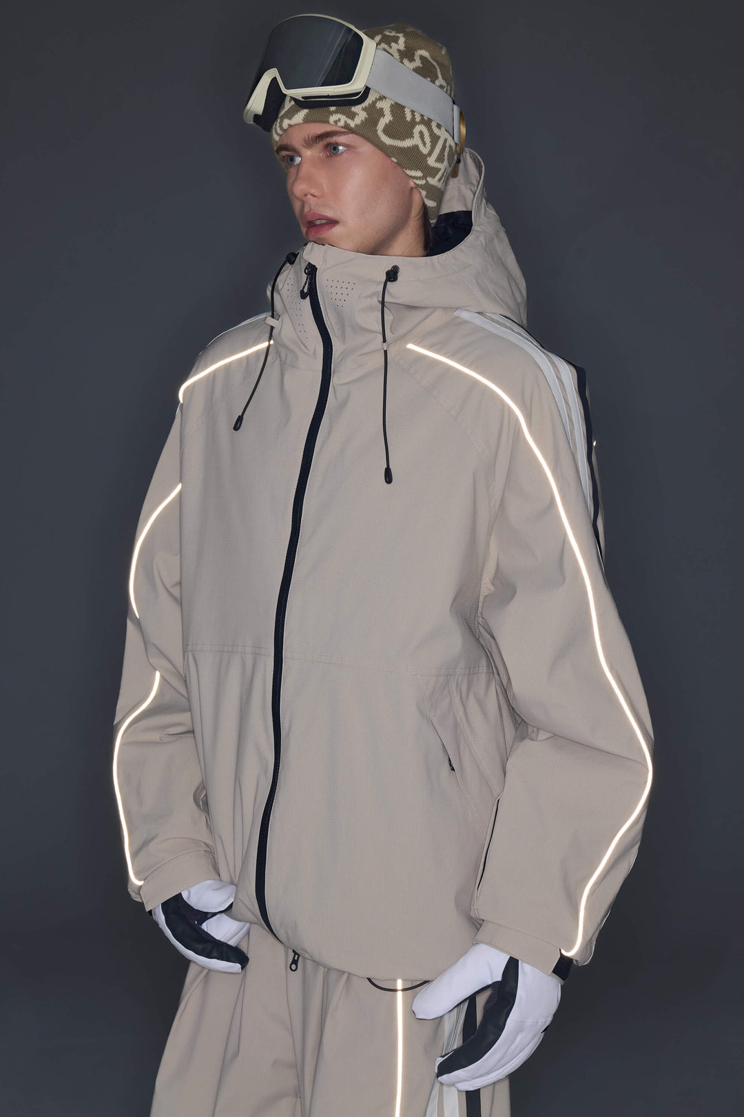 Men's Oat Milk Retro Track Stripe Reflective Snow Jacket