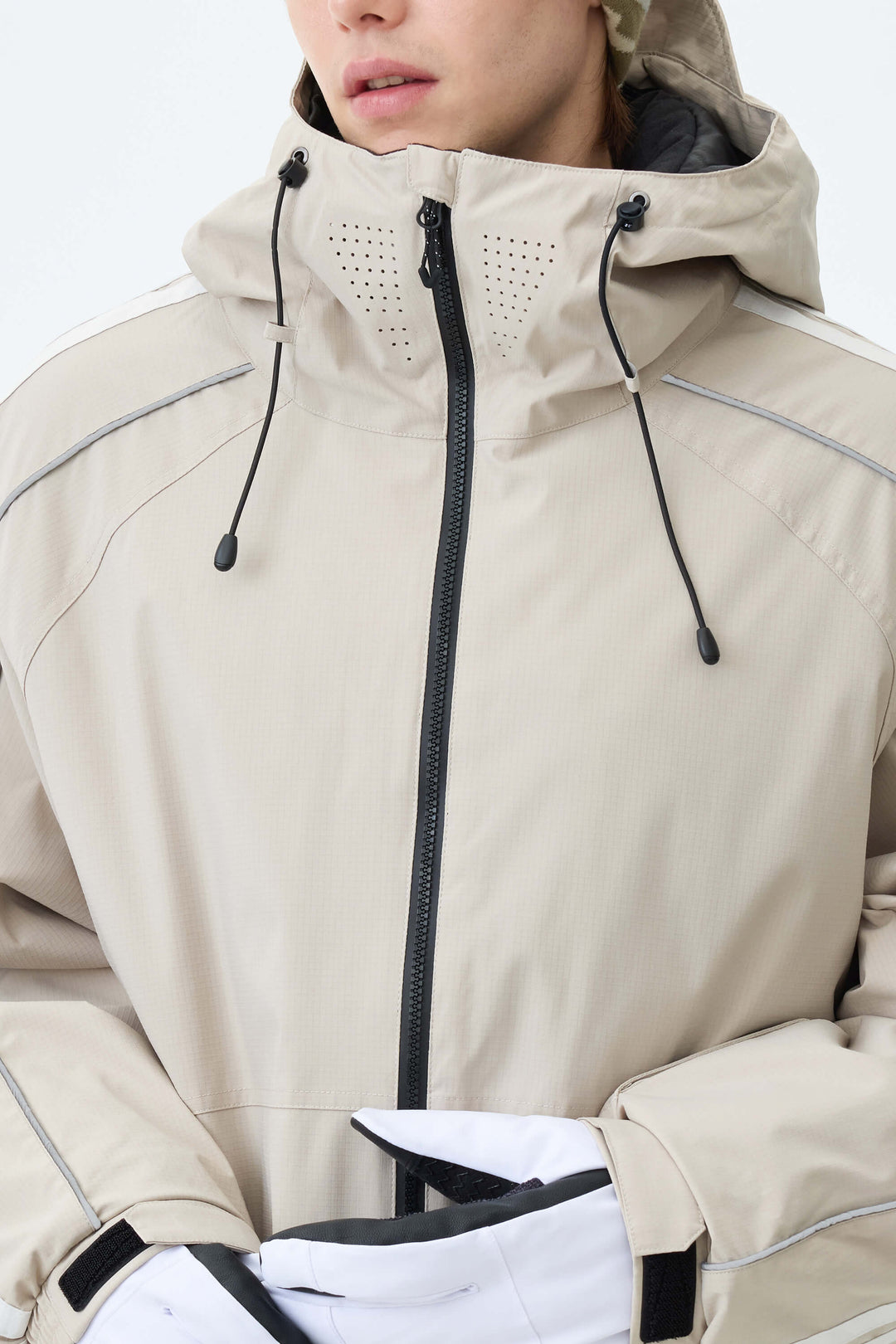 Men's Oat Milk Retro Track Stripe Reflective Snow Jacket