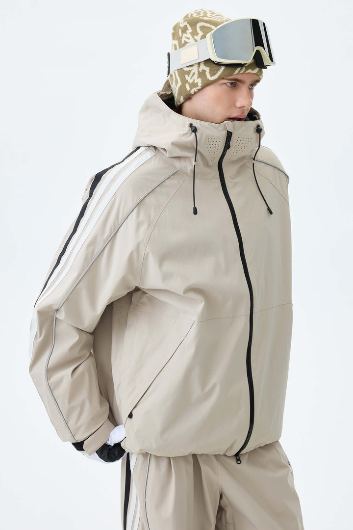 Men's Oat Milk Retro Track Stripe Reflective Snow Jacket