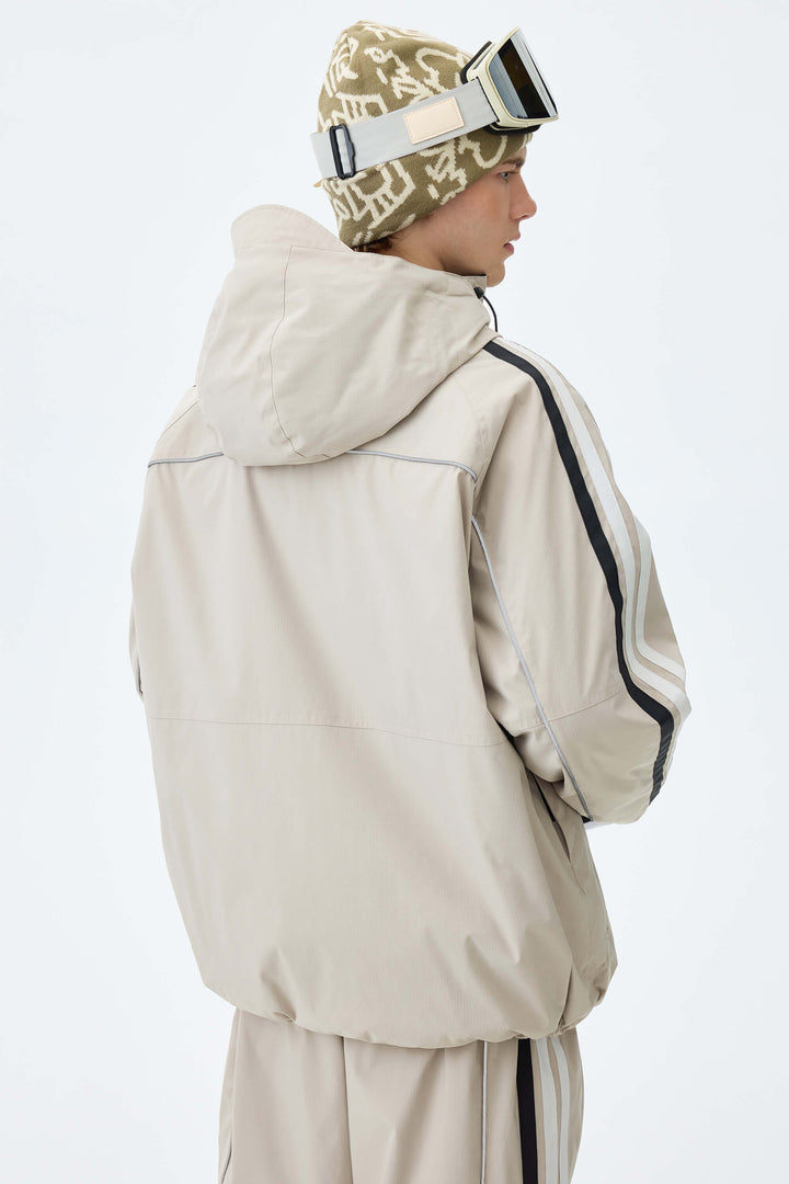 Men's Oat Milk Retro Track Stripe Reflective Snow Jacket