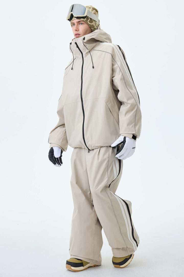 Men's Oat Milk Retro Track Stripe Reflective Snow Jacket
