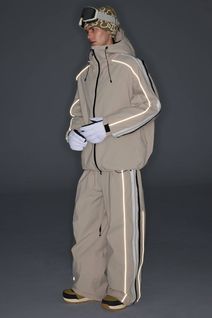 Men's Oat Milk Retro Track Stripe Reflective Snow Jacket