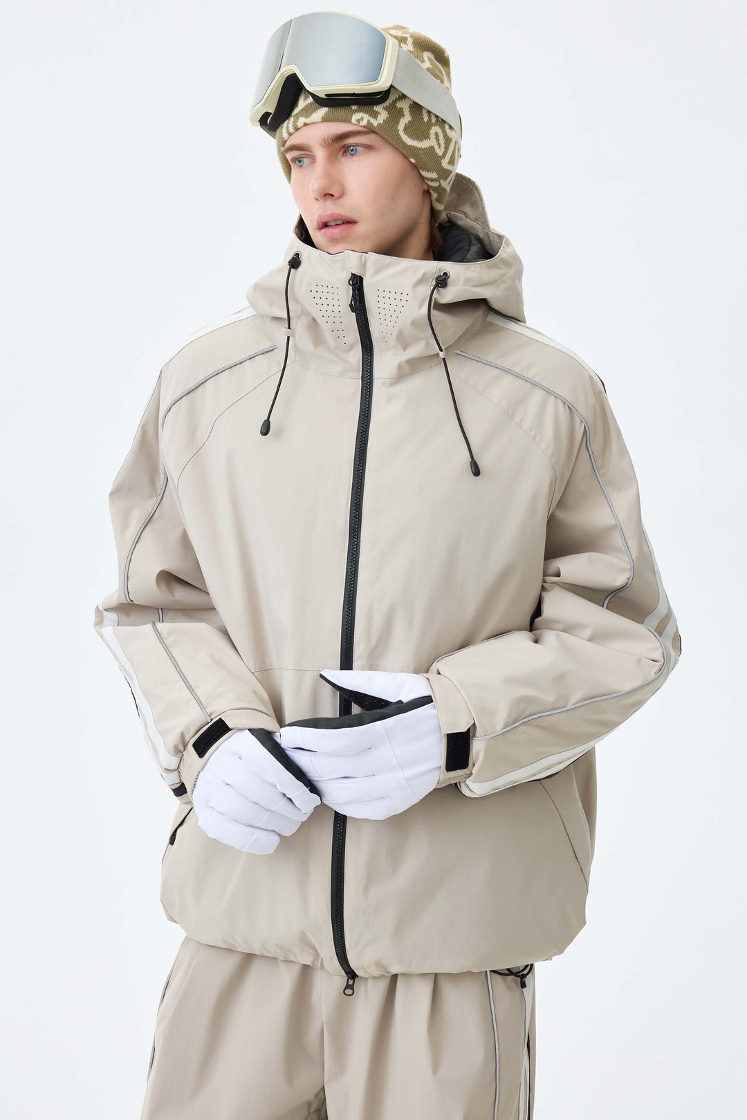 Men's Oat Milk Retro Track Stripe Reflective Snow Jacket