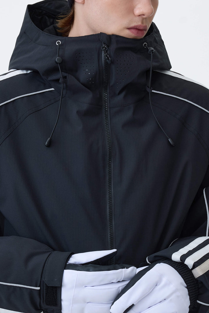 Men's Black Retro Track Stripe Reflective Snow Jacket