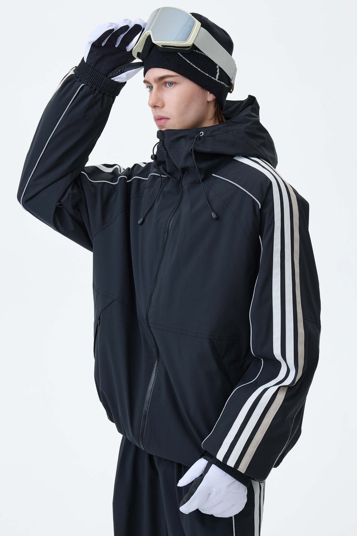 Men's Oat Milk Retro Track Stripe Reflective Snow Jacket