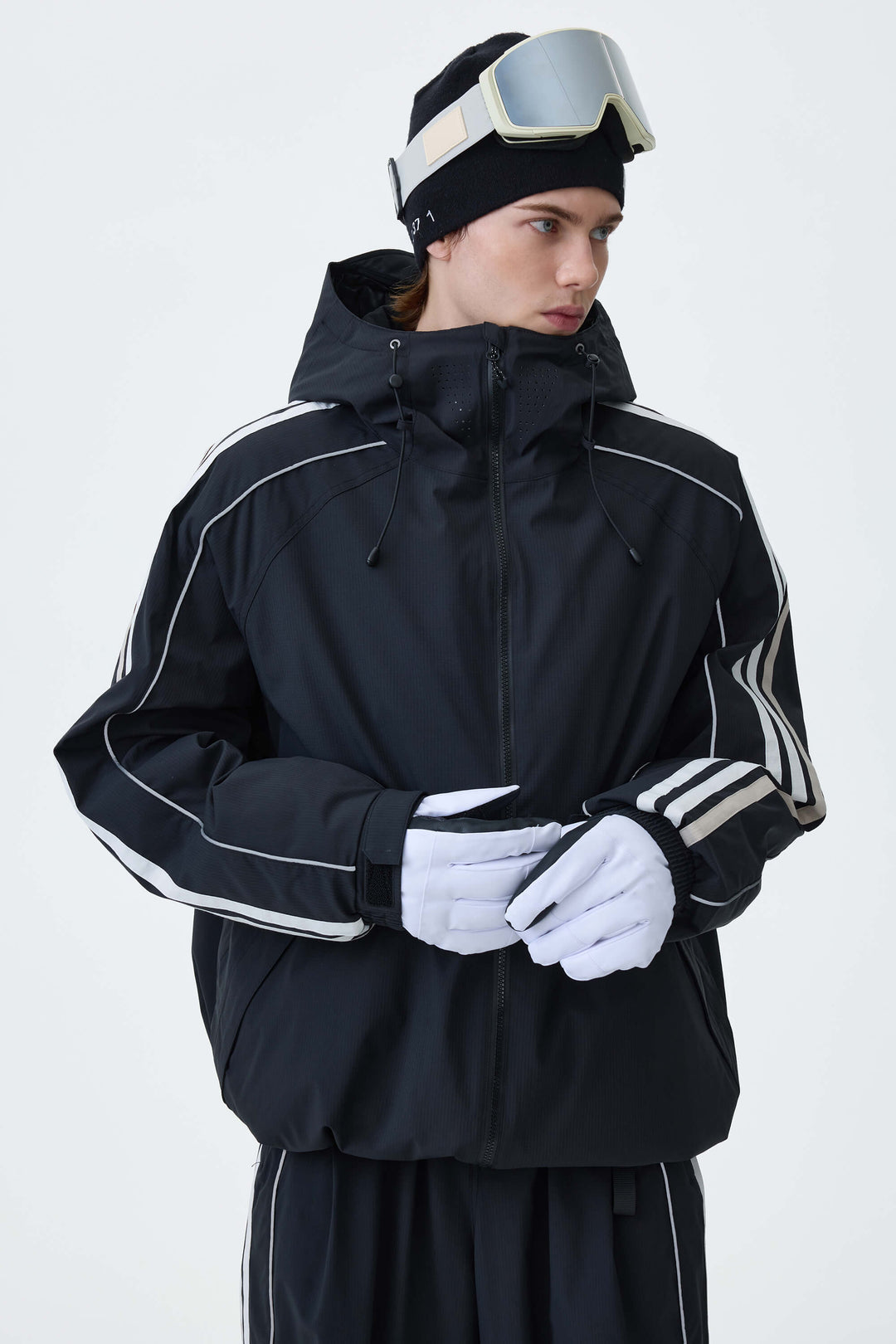 Men's Black Retro Track Stripe Reflective Snow Jacket