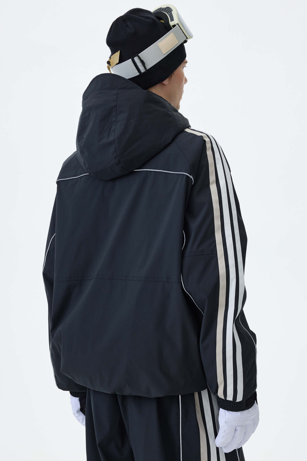 Men's Black Retro Track Stripe Reflective Snow Jacket