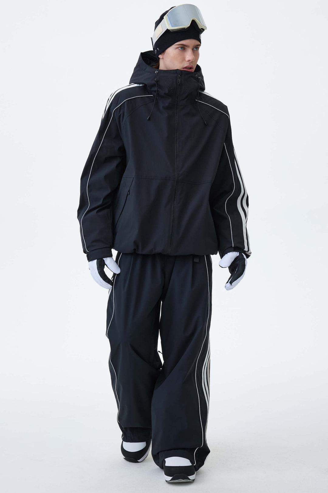 Men's Black Retro Track Stripe Reflective Snow Jacket