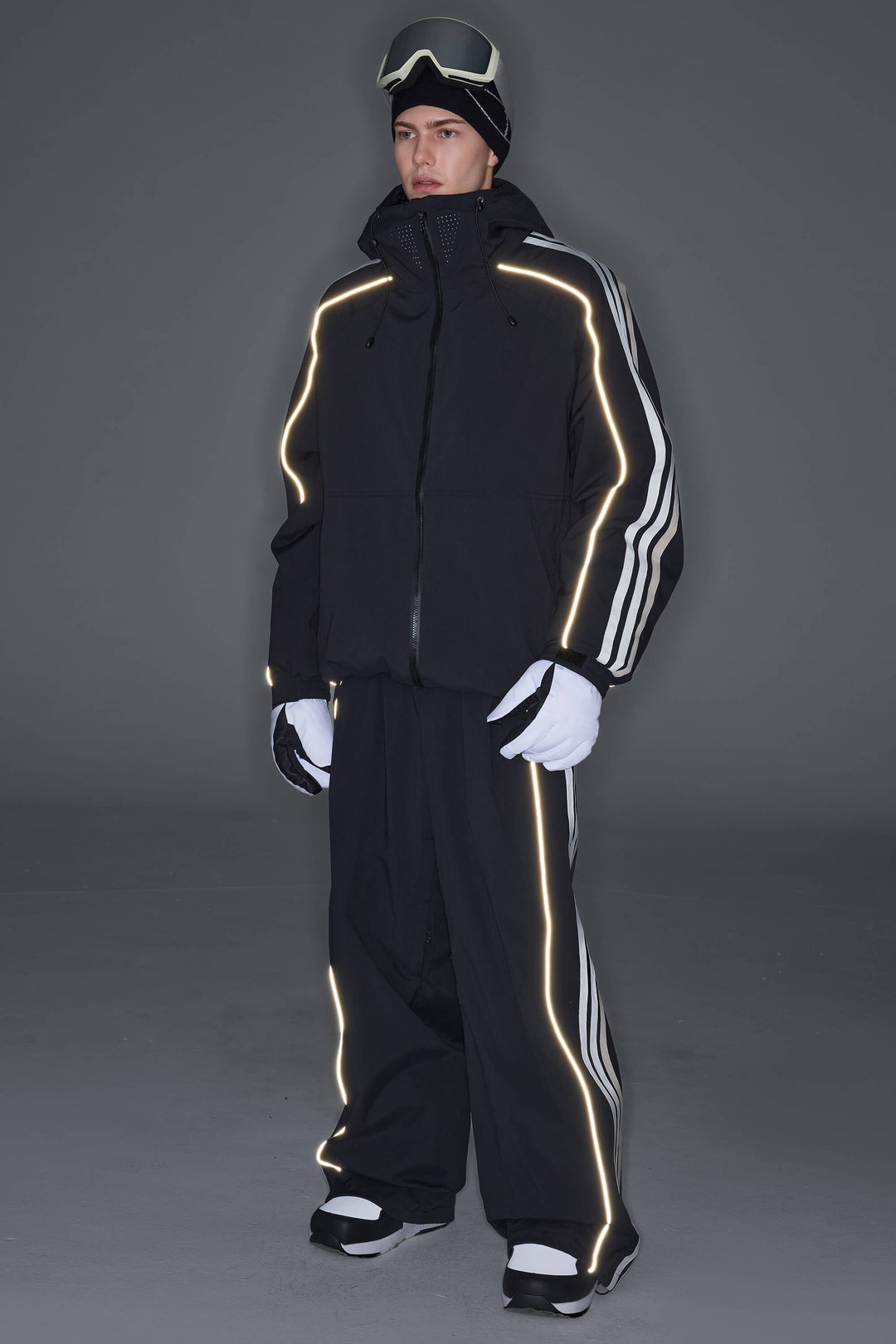 Men's Black Retro Track Stripe Reflective Snow Jacket