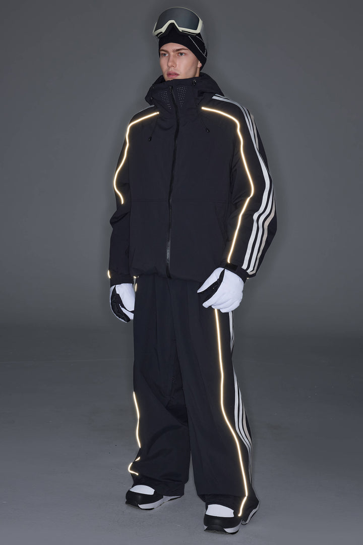 Men's Black Retro Track Stripe Reflective Snow Jacket