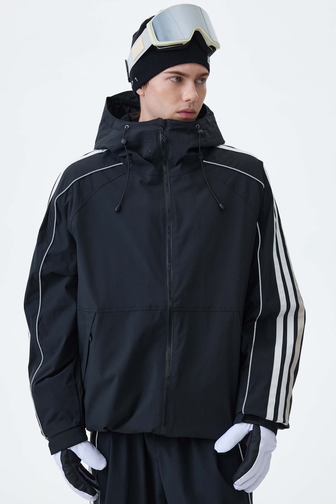 Men's Black Retro Track Stripe Reflective Snow Jacket