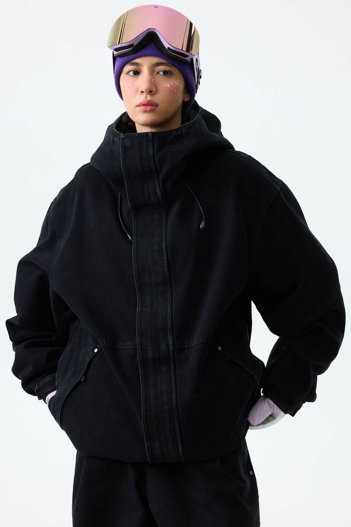 Women's Washed Charcoal Real Denim Waterproof Rivet Trim Snow Jackets