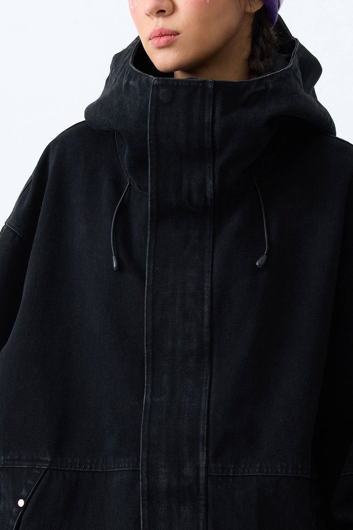 Women's Black Real Denim Waterproof Rivet Trim Snow Jackets