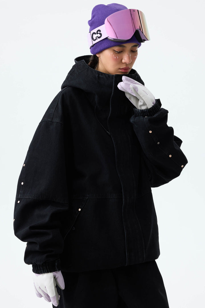 Women's Black Real Denim Waterproof Rivet Trim Snow Jackets