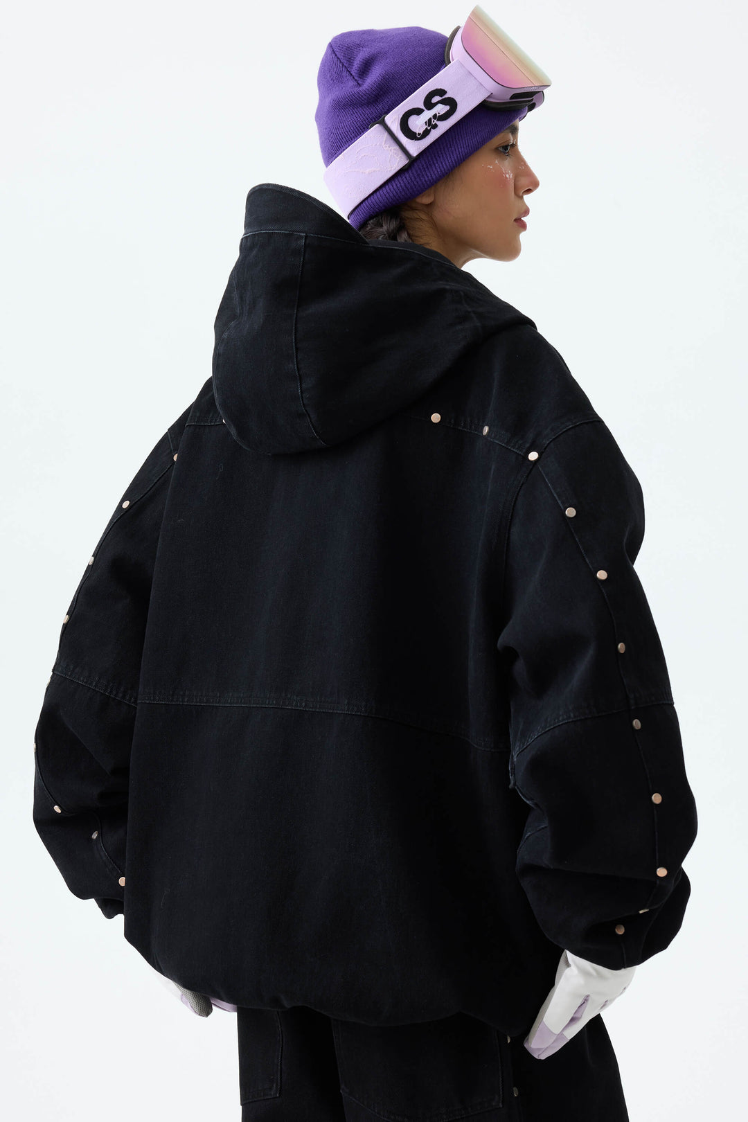 Women's Washed Charcoal Real Denim Waterproof Rivet Trim Snow Jackets