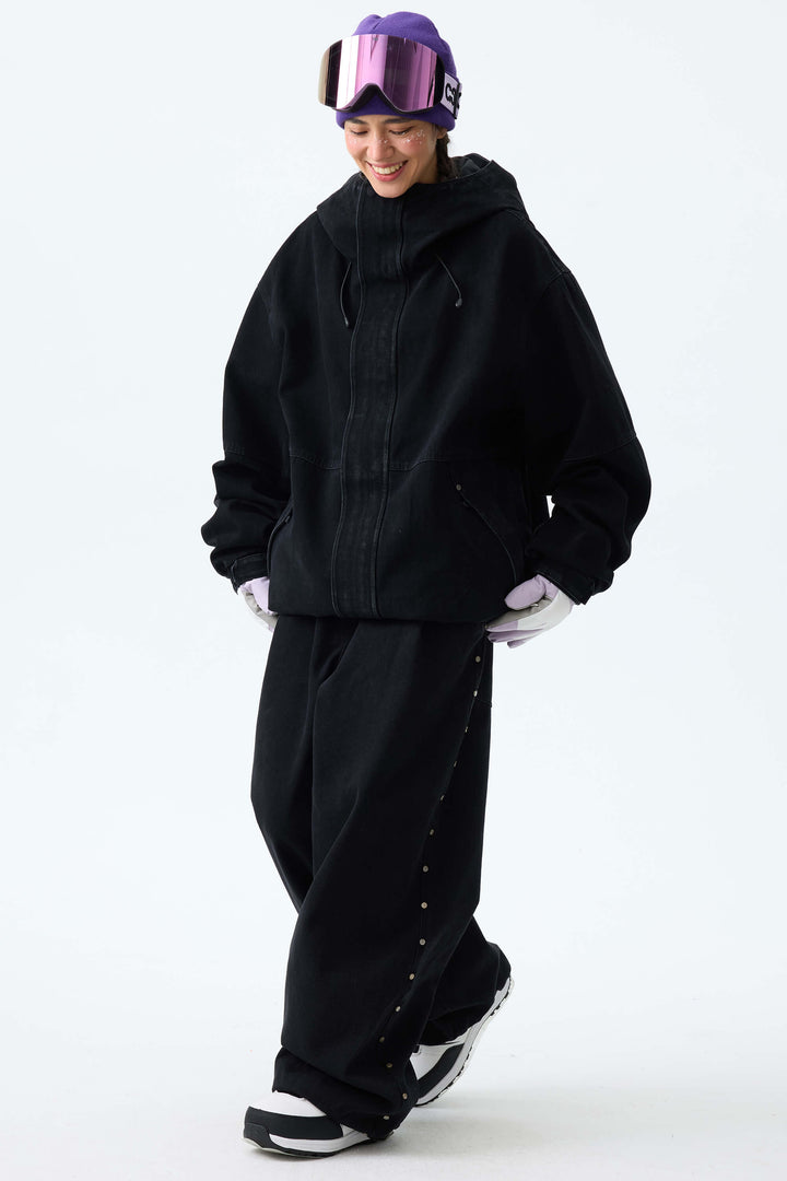 Women's Washed Charcoal Real Denim Waterproof Rivet Trim Snow Jackets