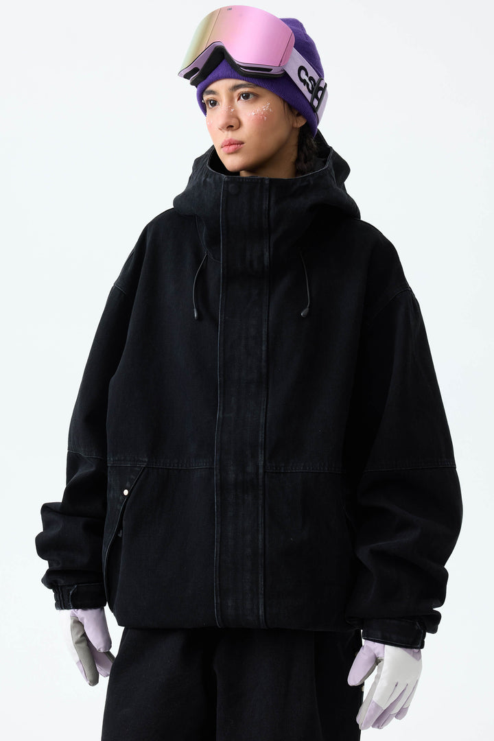 Women's Black Real Denim Waterproof Rivet Trim Snow Jackets