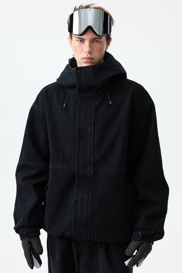 Men's Black Real Denim Waterproof Rivet Trim Snow Jackets