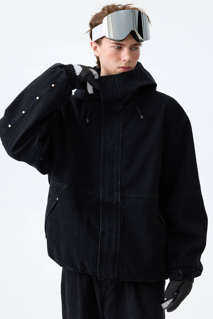 Men's Black Real Denim Waterproof Rivet Trim Snow Jackets