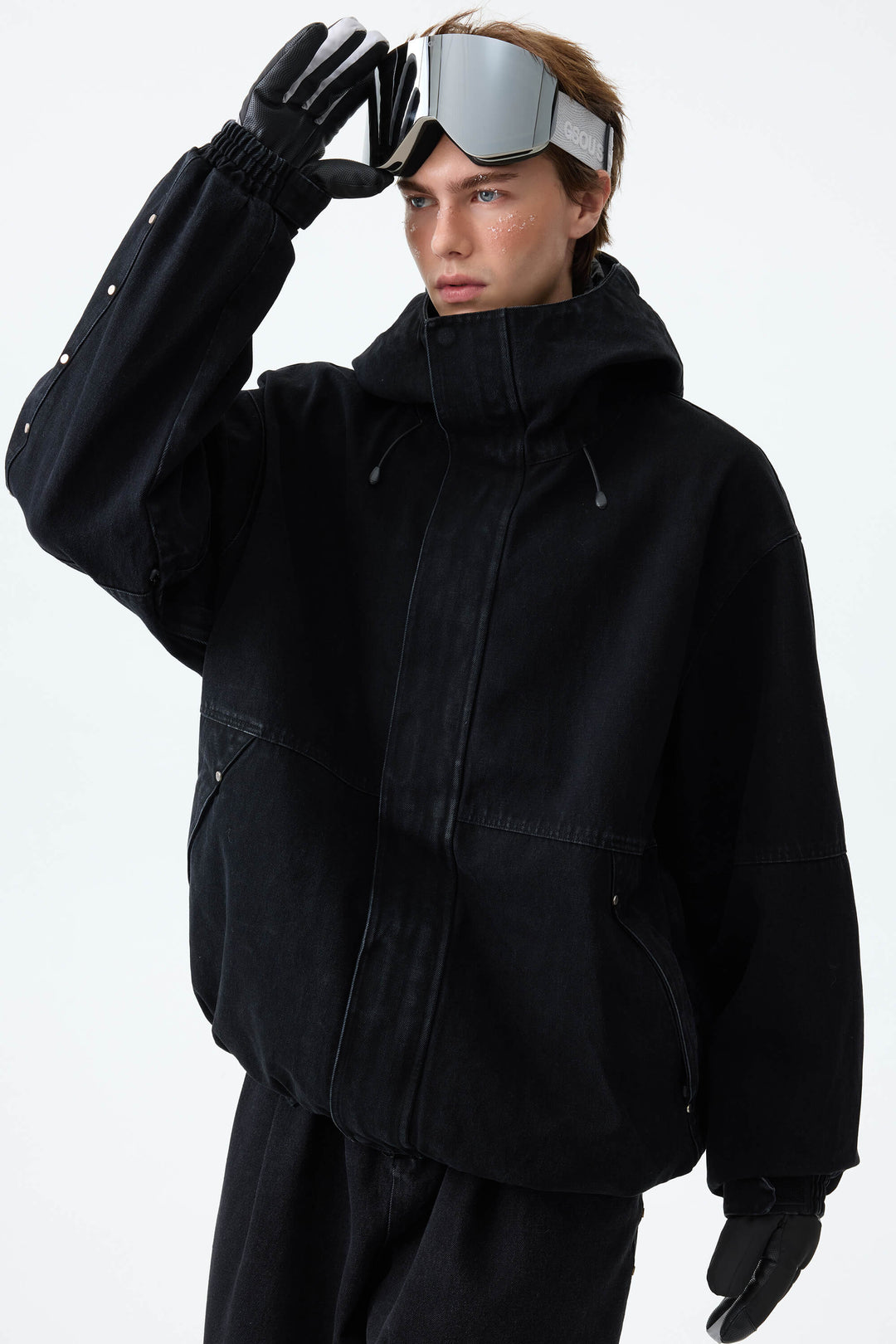 Men's Black Real Denim Waterproof Rivet Trim Snow Jackets