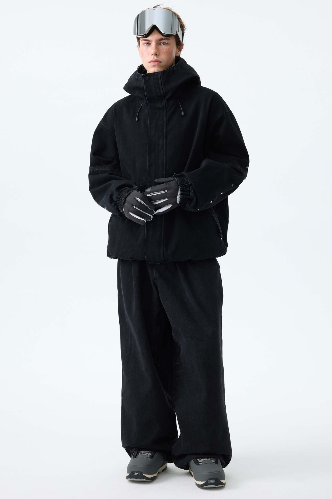 Men's Black Real Denim Waterproof Rivet Trim Snow Jackets