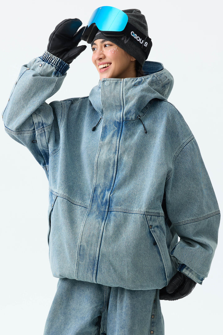Women's Washed Charcoal Real Denim Waterproof Rivet Trim Snow Jackets