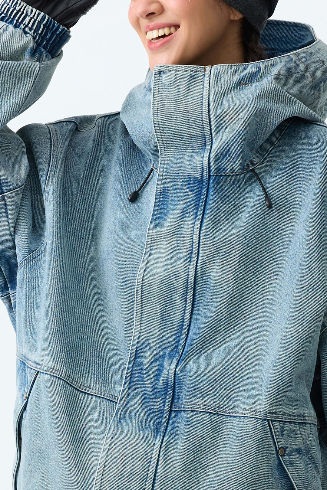 Women's Vintage Blue Wash Real Denim Waterproof Rivet Trim Snow Jackets