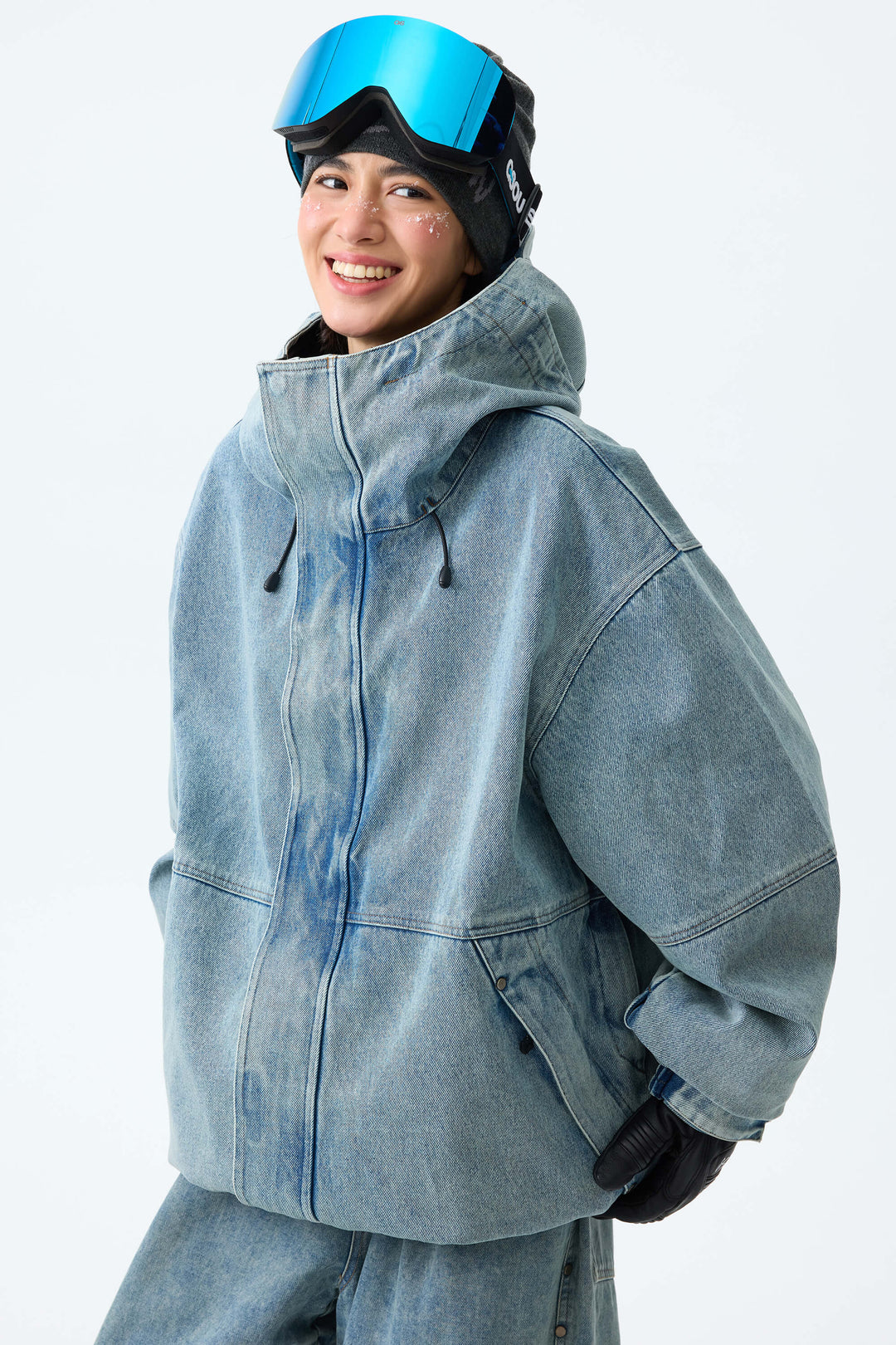 Women's Washed Charcoal Real Denim Waterproof Rivet Trim Snow Jackets