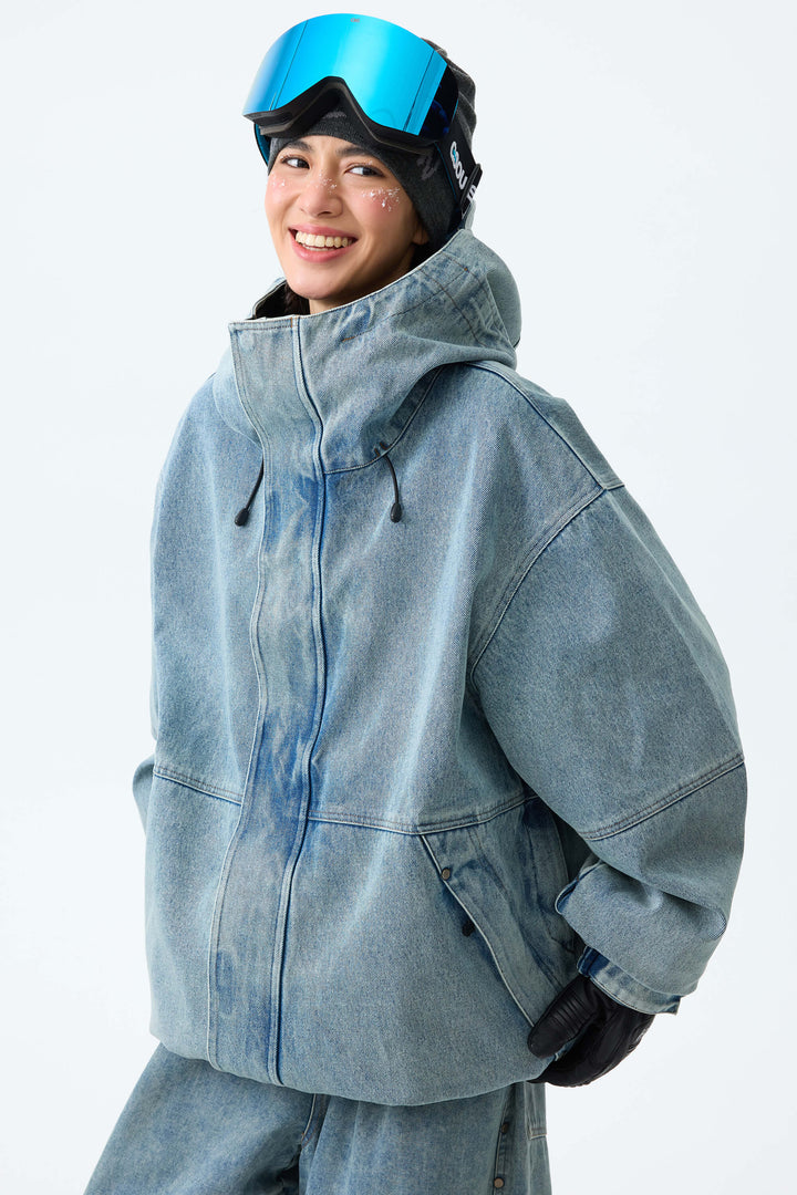 Women's Washed Charcoal Real Denim Waterproof Rivet Trim Snow Jackets