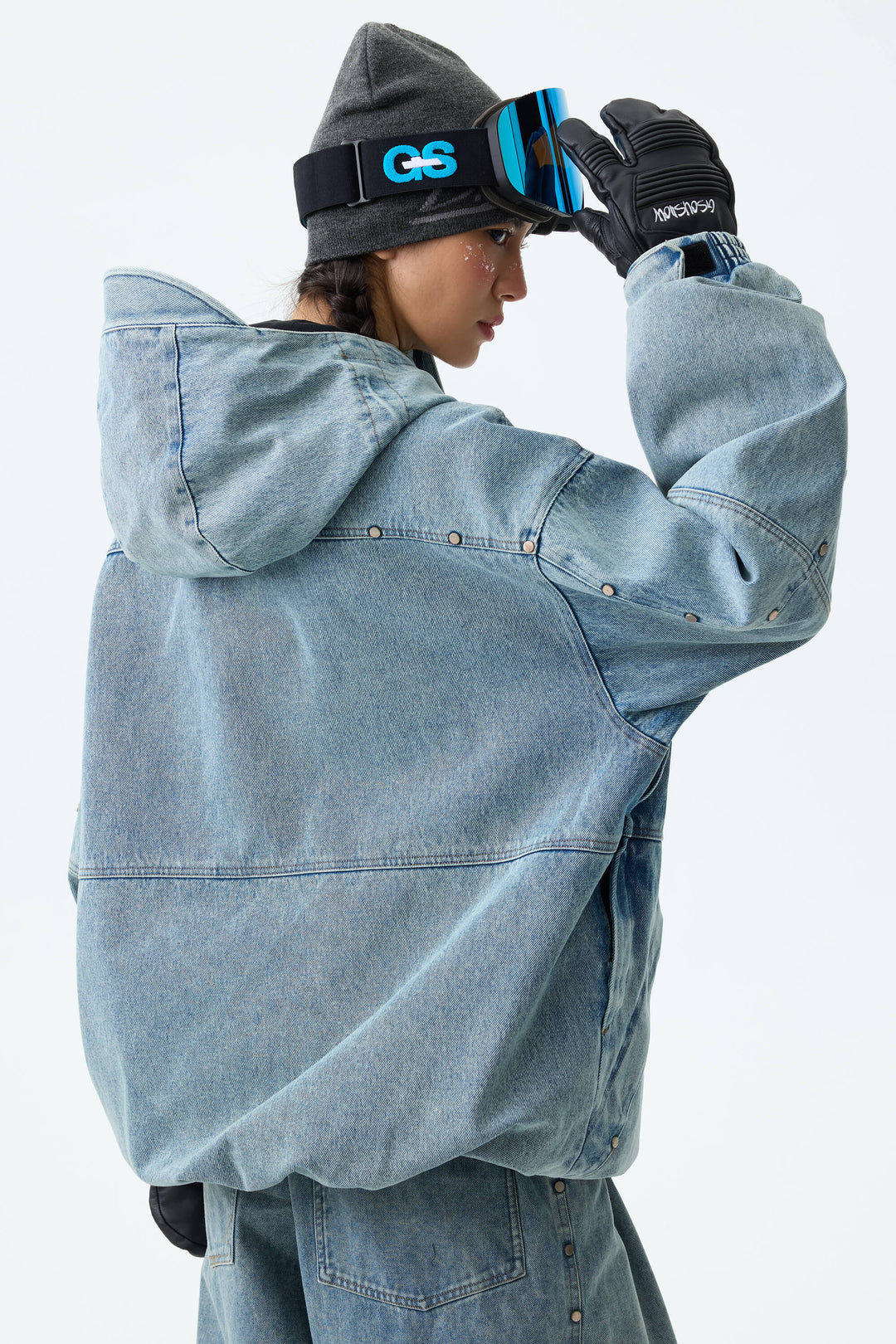 Women's Vintage Blue Wash Real Denim Waterproof Rivet Trim Snow Jackets