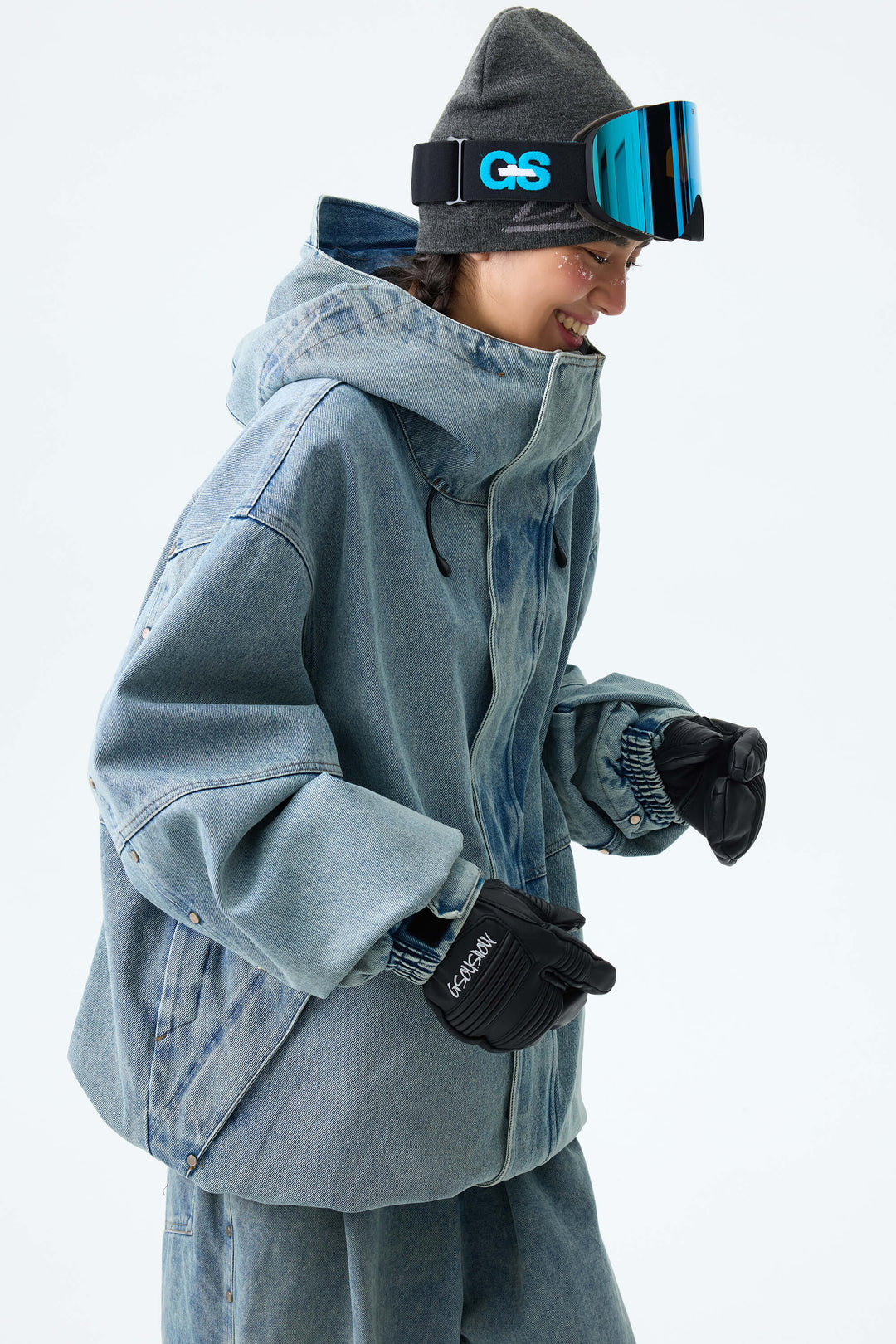 Women's Vintage Blue Wash Real Denim Waterproof Rivet Trim Snow Jackets