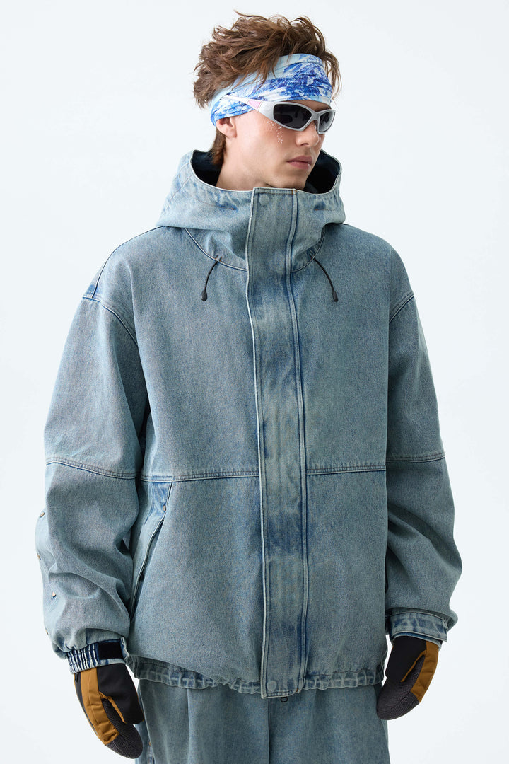 Men's Black Real Denim Waterproof Rivet Trim Snow Jackets