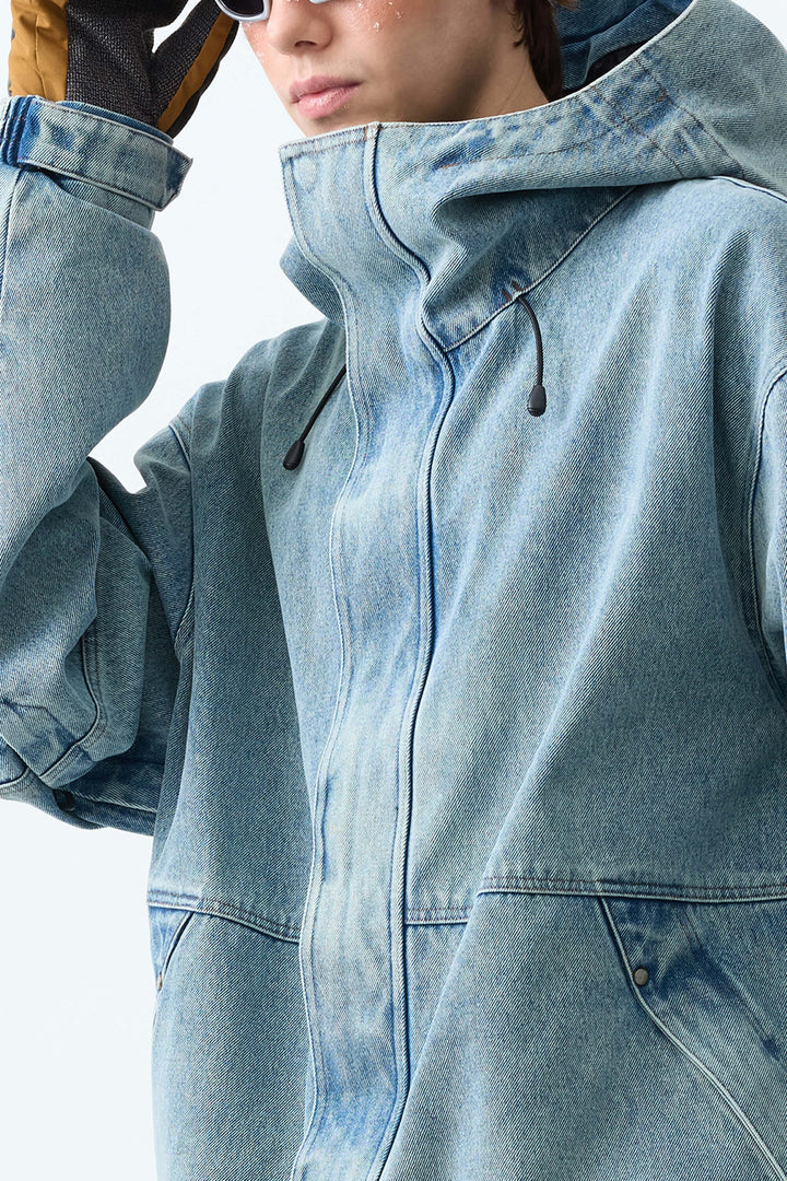 Men's Vintage Blue Wash Real Denim Waterproof Rivet Trim Snow Jackets