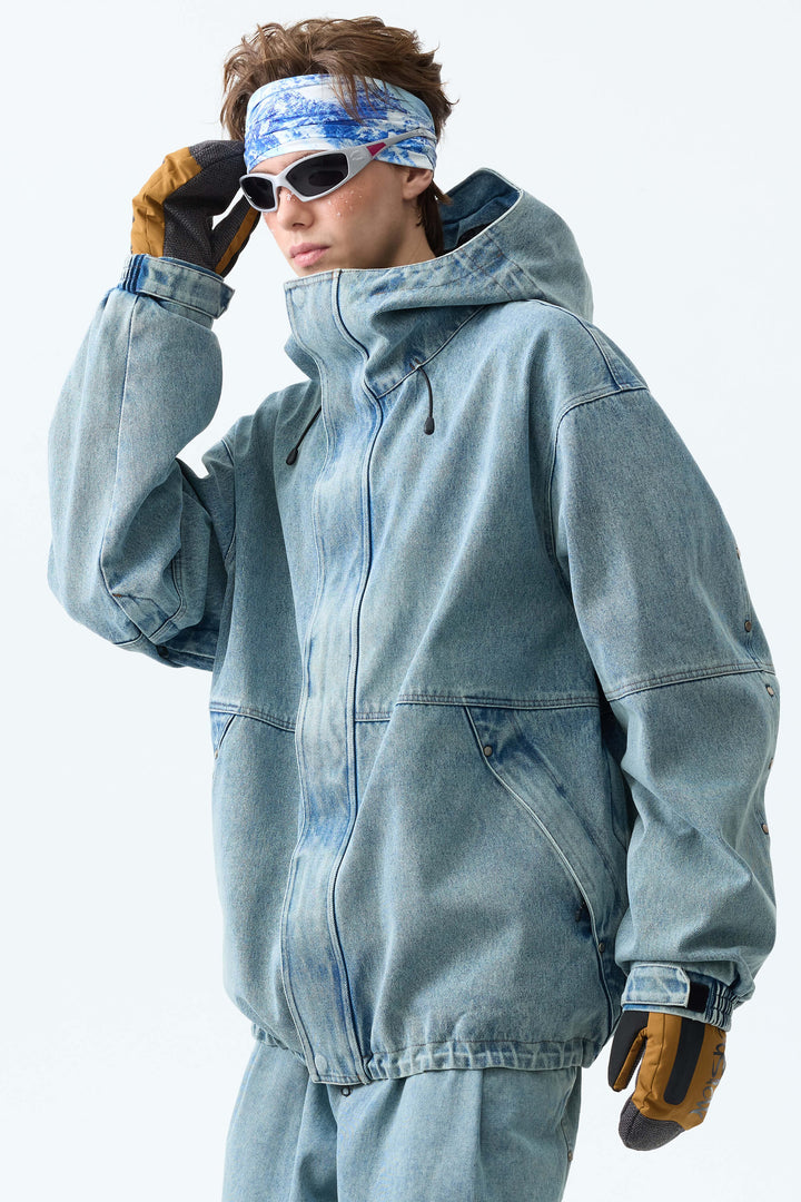 Men's Black Real Denim Waterproof Rivet Trim Snow Jackets