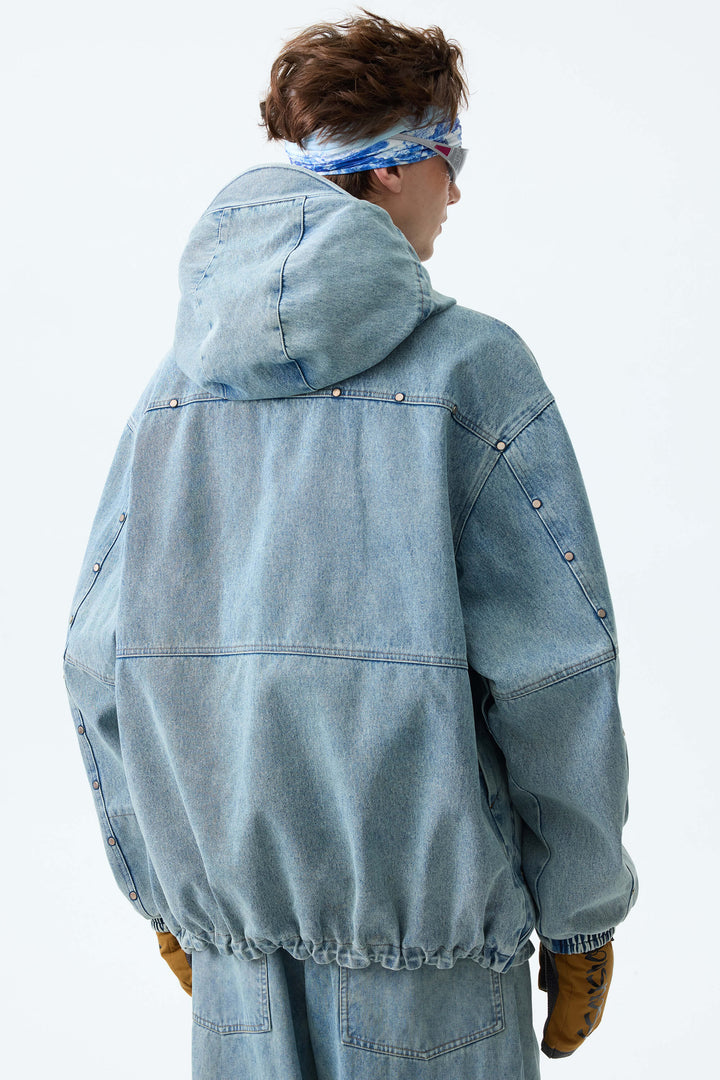 Men's Vintage Blue Wash Real Denim Waterproof Rivet Trim Snow Jackets
