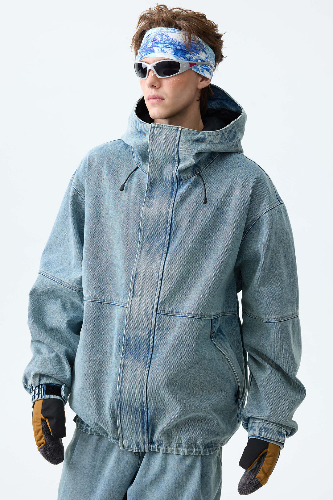 Men's Vintage Blue Wash Real Denim Waterproof Rivet Trim Snow Jackets