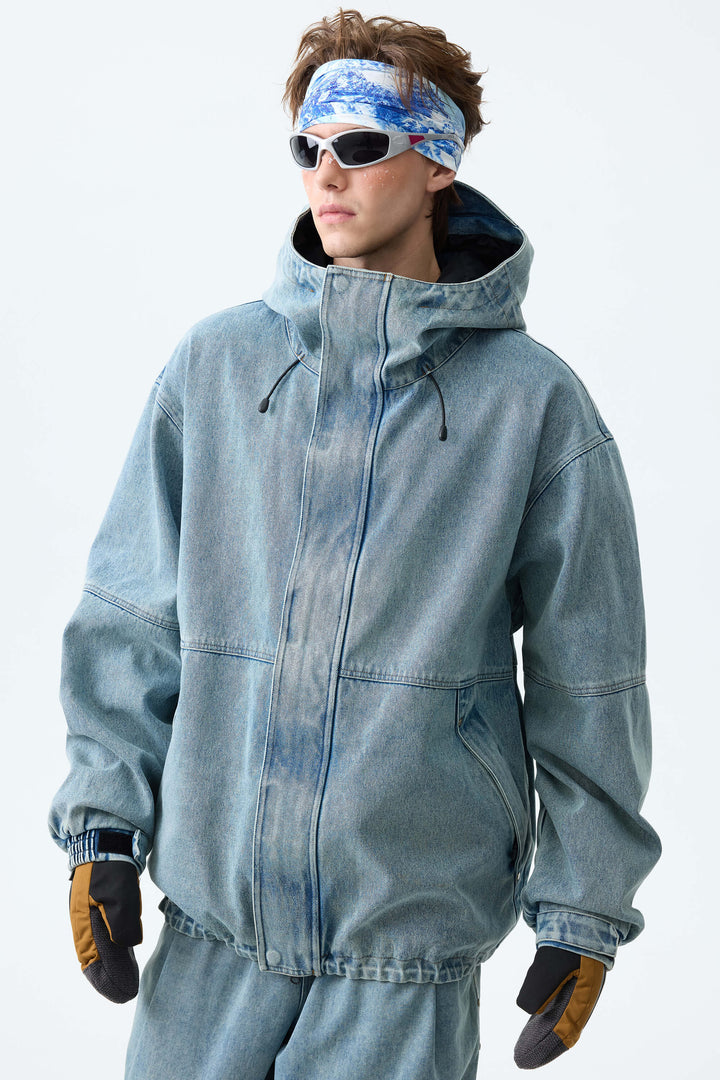 Men's Vintage Blue Wash Real Denim Waterproof Rivet Trim Snow Jackets