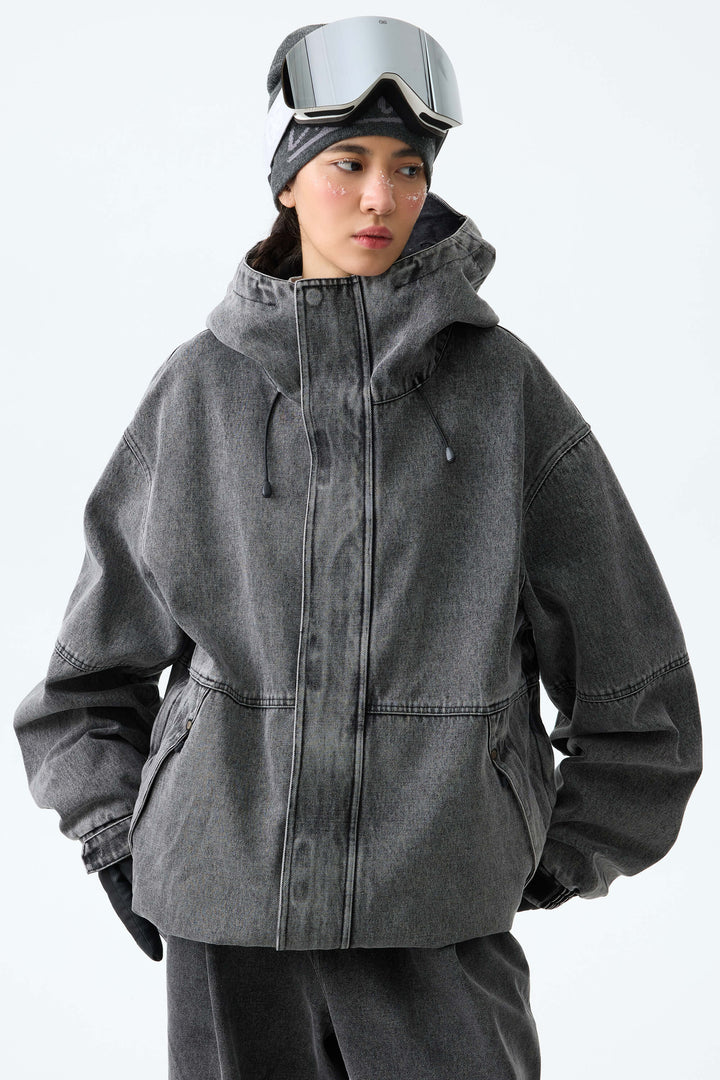 Women's Washed Charcoal Real Denim Waterproof Rivet Trim Snow Jackets