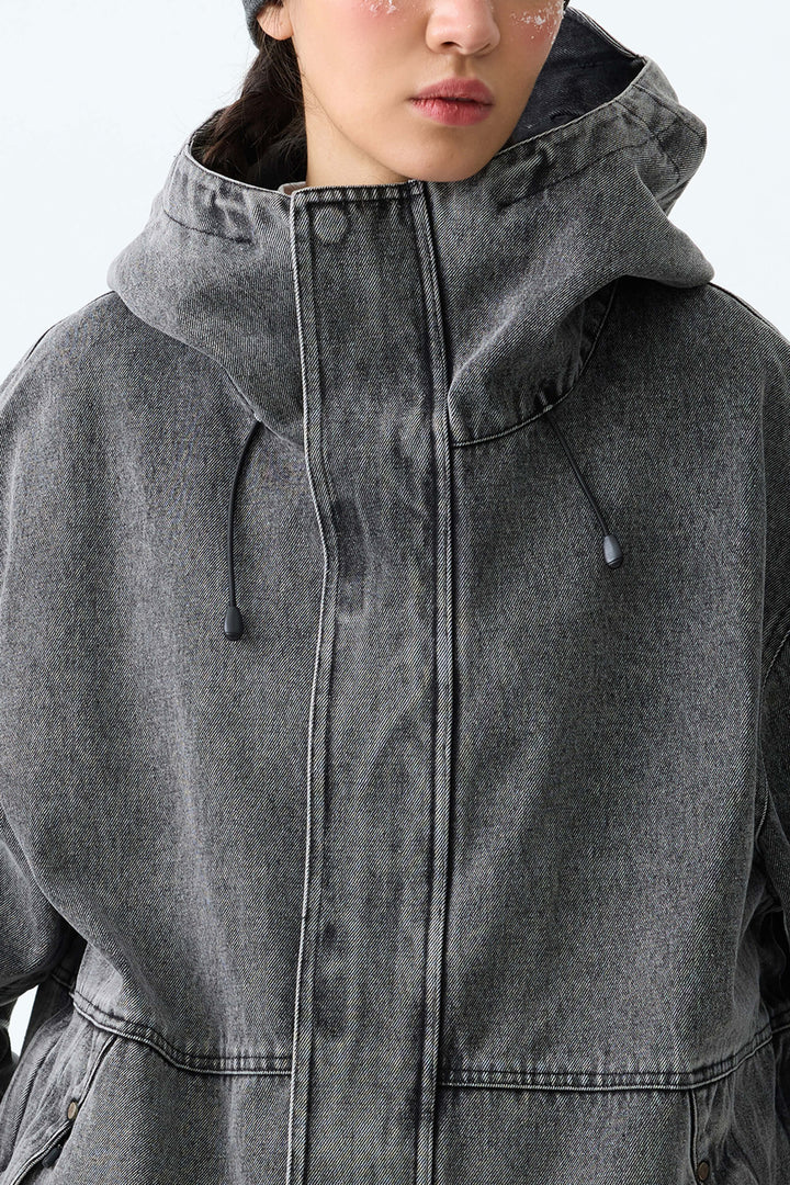 Women's Washed Charcoal Real Denim Waterproof Rivet Trim Snow Jackets