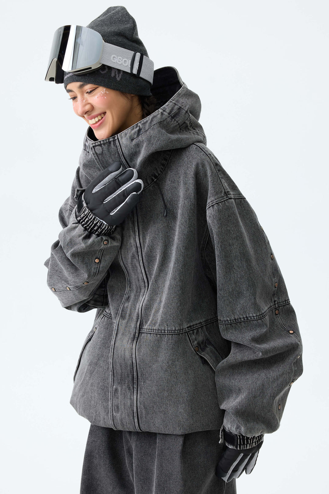 Women's Washed Charcoal Real Denim Waterproof Rivet Trim Snow Jackets