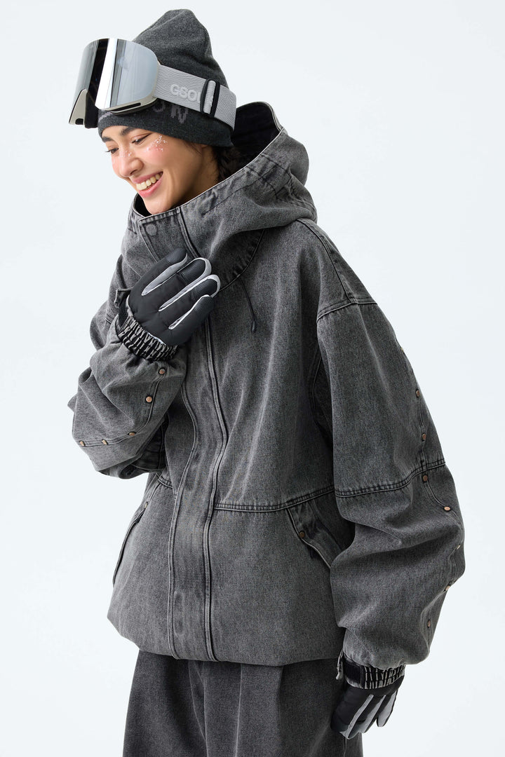 Women's Washed Charcoal Real Denim Waterproof Rivet Trim Snow Jackets