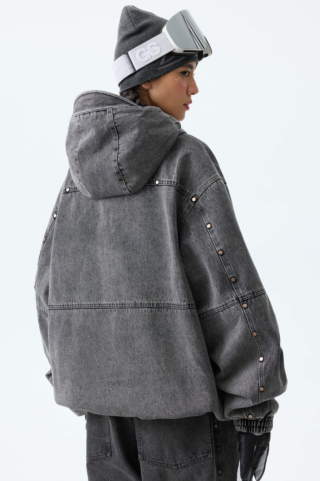 Women's Washed Charcoal Real Denim Waterproof Rivet Trim Snow Jackets