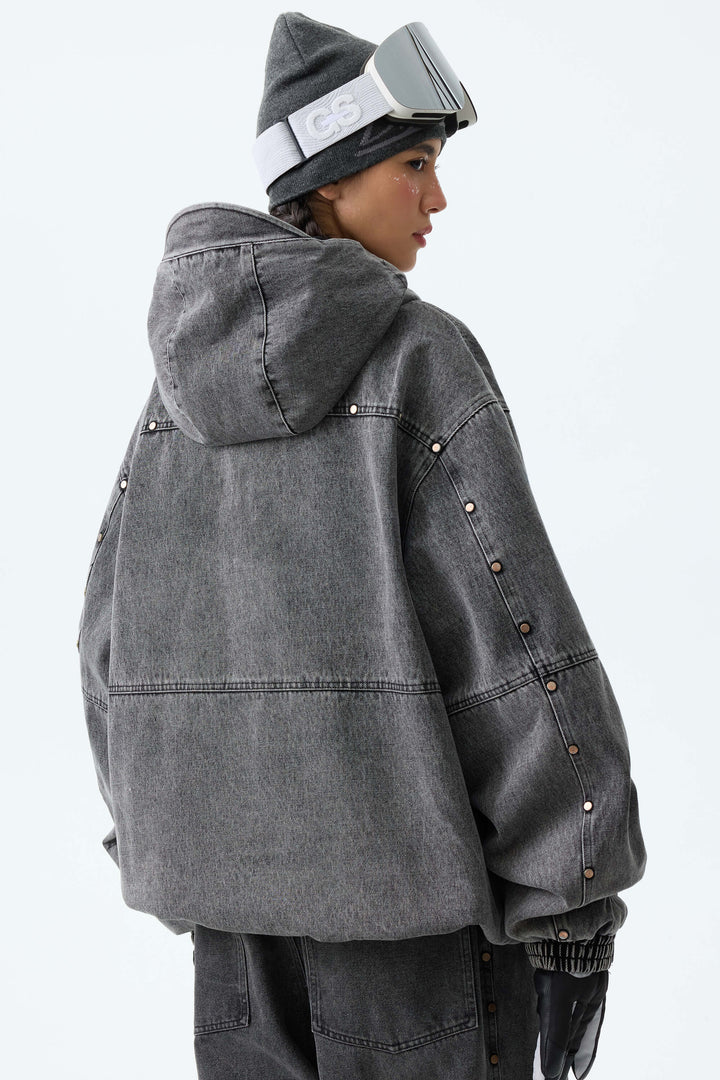 Women's Washed Charcoal Real Denim Waterproof Rivet Trim Snow Jackets