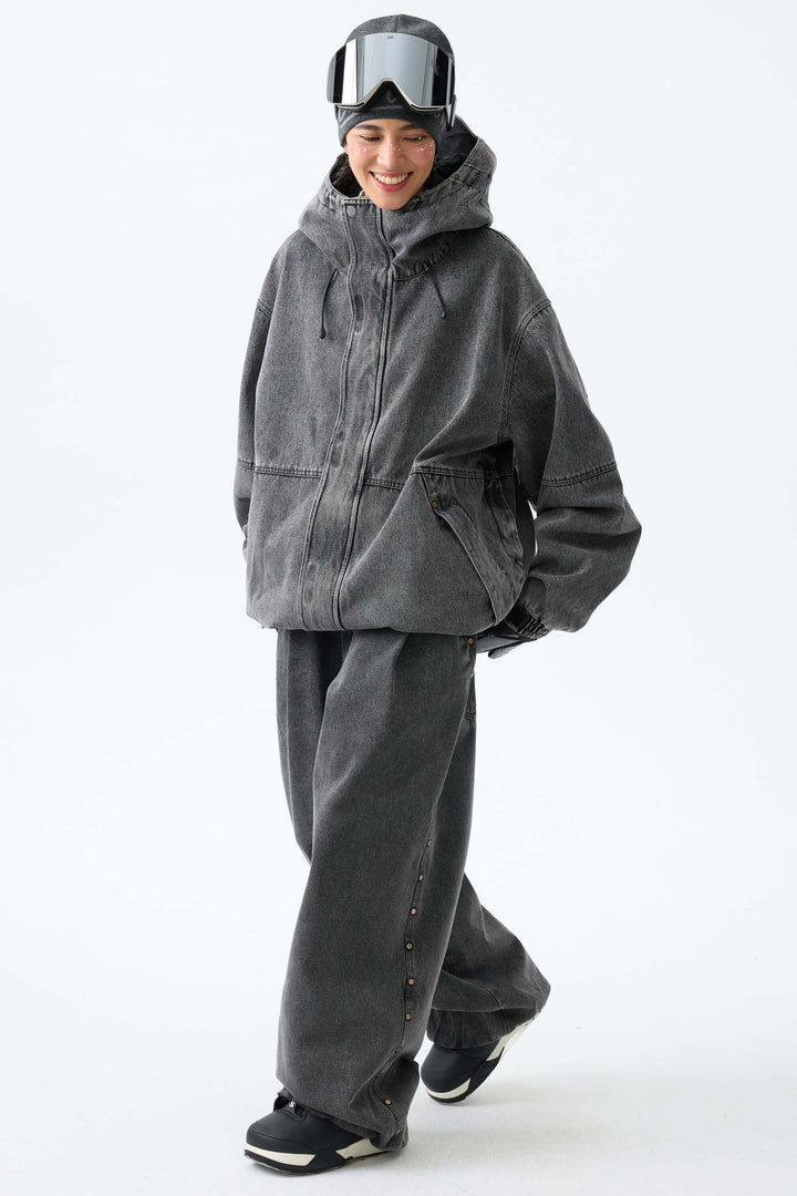 Women's Washed Charcoal Real Denim Waterproof Rivet Trim Snow Jackets
