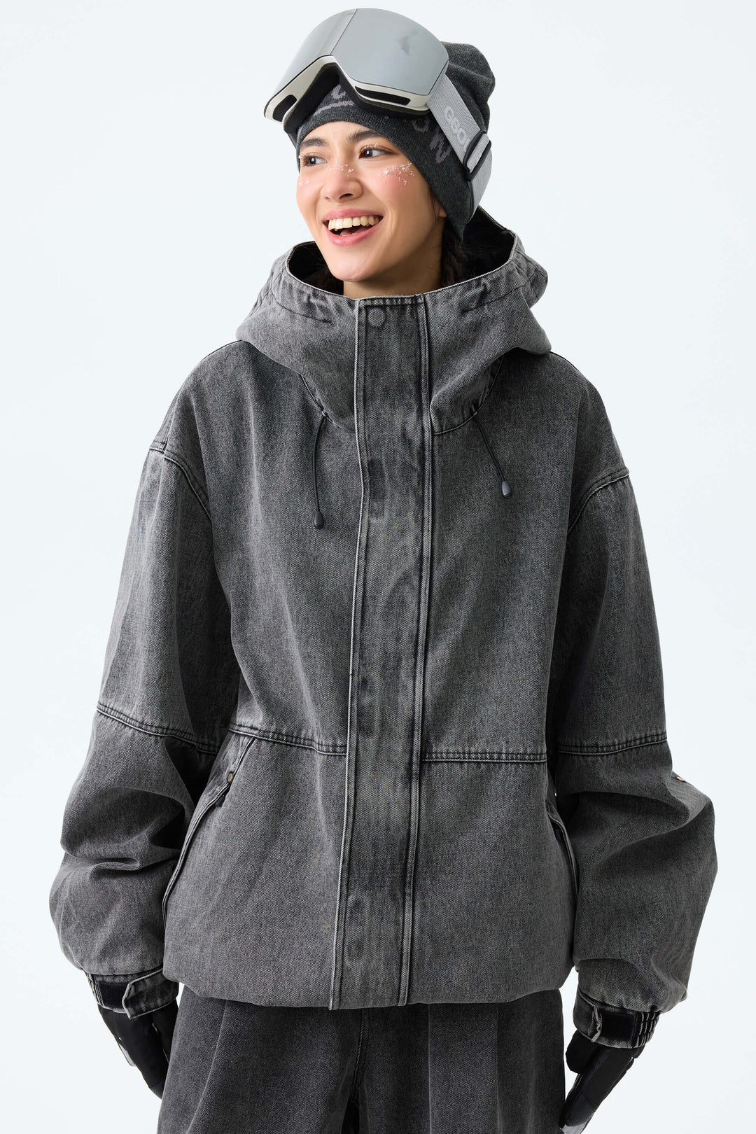 Women's Washed Charcoal Real Denim Waterproof Rivet Trim Snow Jackets