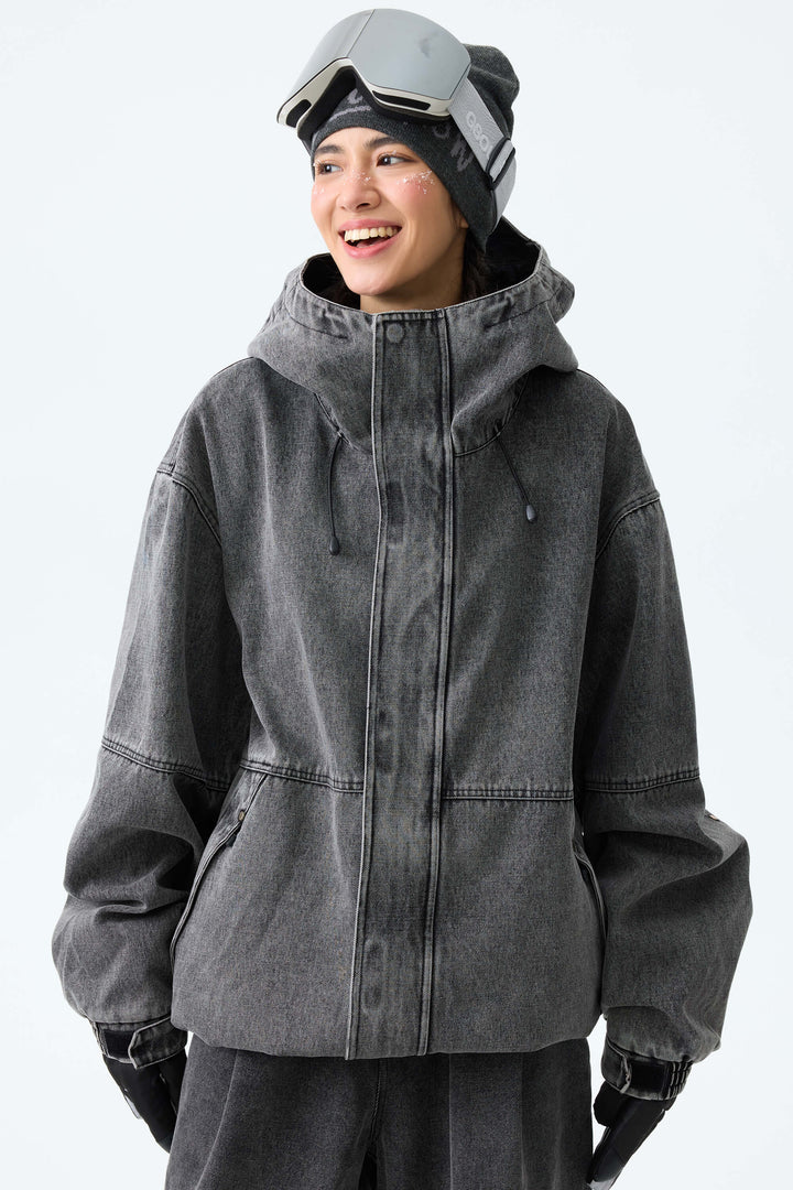 Women's Washed Charcoal Real Denim Waterproof Rivet Trim Snow Jackets