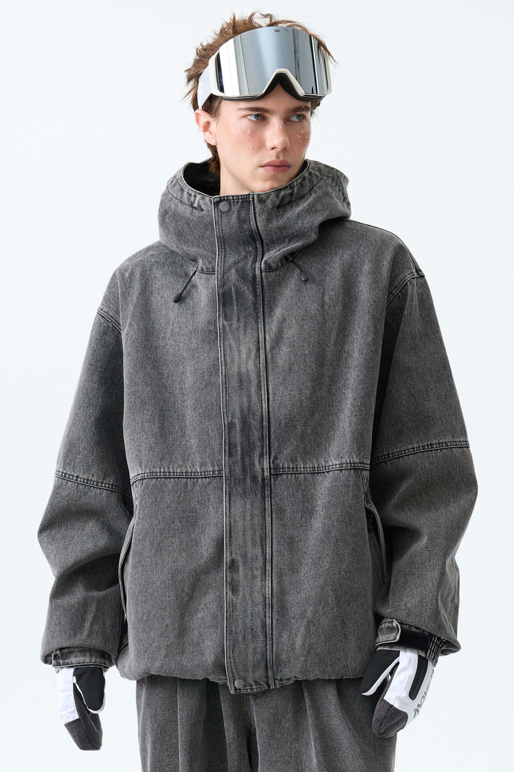 Men's Black Real Denim Waterproof Rivet Trim Snow Jackets