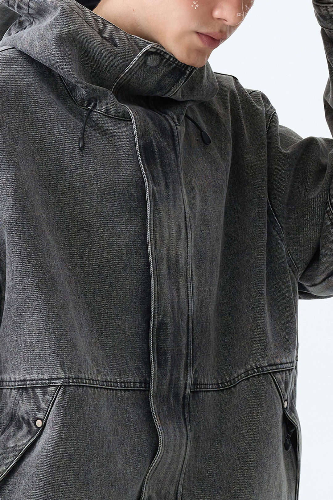 Men's Washed Charcoal Real Denim Waterproof Rivet Trim Snow Jackets
