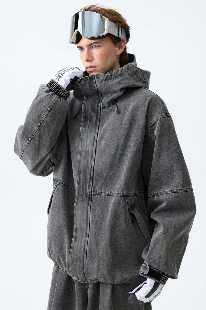 Men's Black Real Denim Waterproof Rivet Trim Snow Jackets