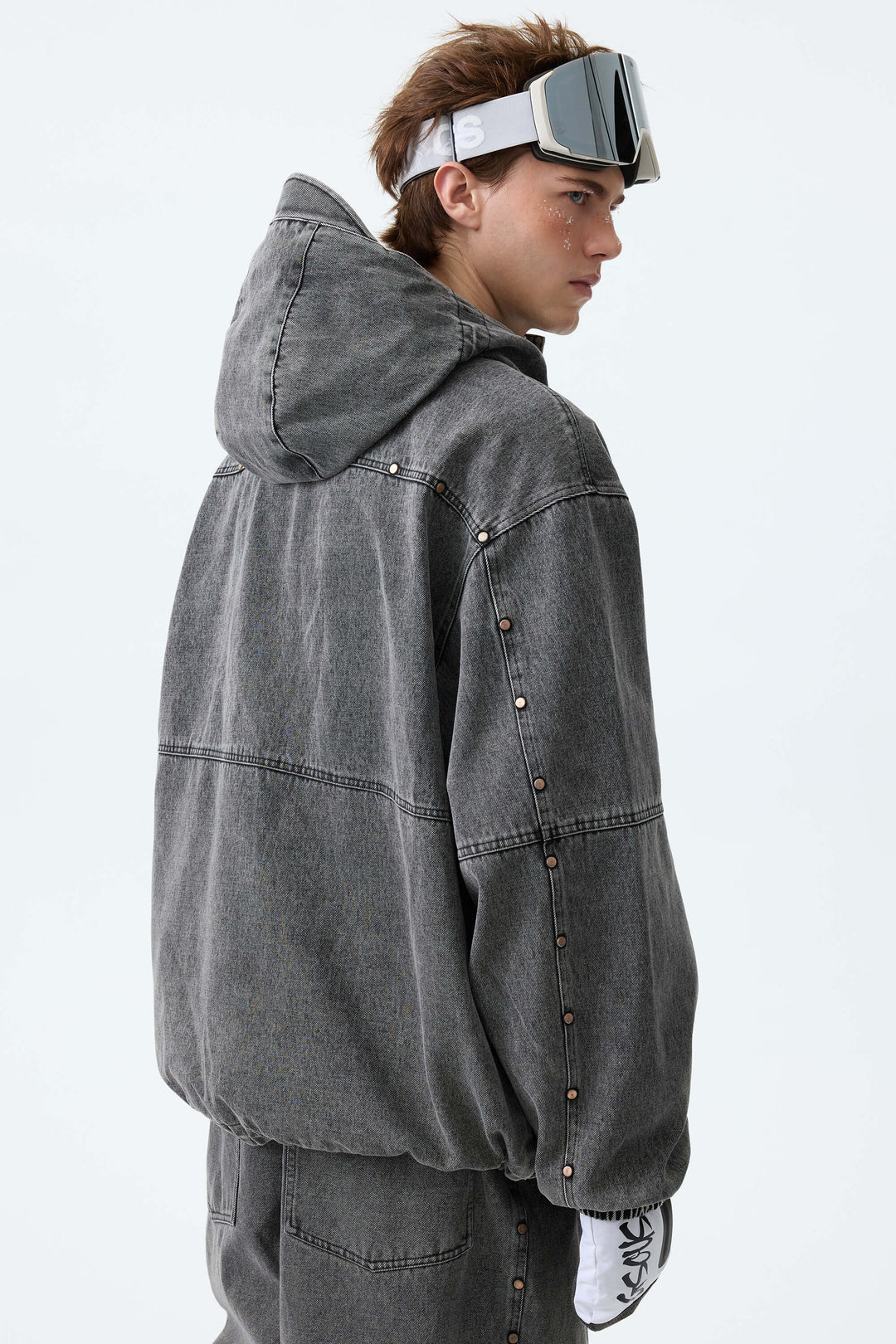 Men's Washed Charcoal Real Denim Waterproof Rivet Trim Snow Jackets